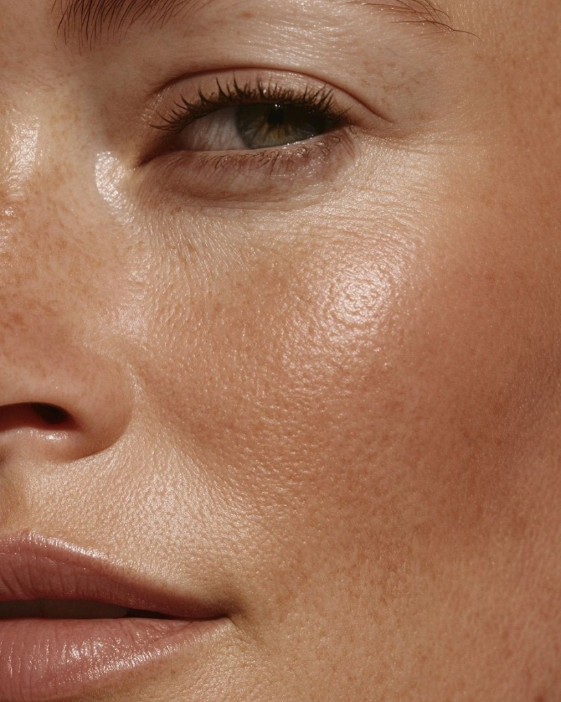 Close-up van een stralende huid met sproeten rond oog en wang