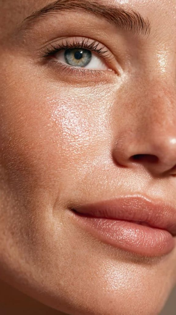 Close-up van natuurlijke lippen en wang met stralende huid