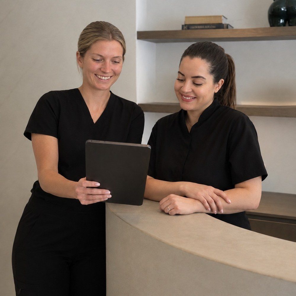 Twee medewerkers van House of Bratz kijken lachend samen op een tablet aan de balie